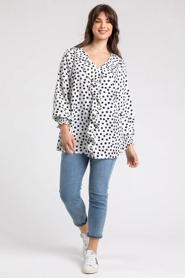 Women Ivory Curve Spot Print Frill Detail Top Roman Tops