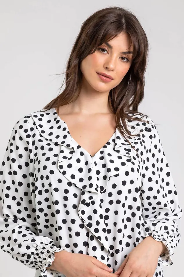 Women Ivory Curve Spot Print Frill Detail Top Roman Tops