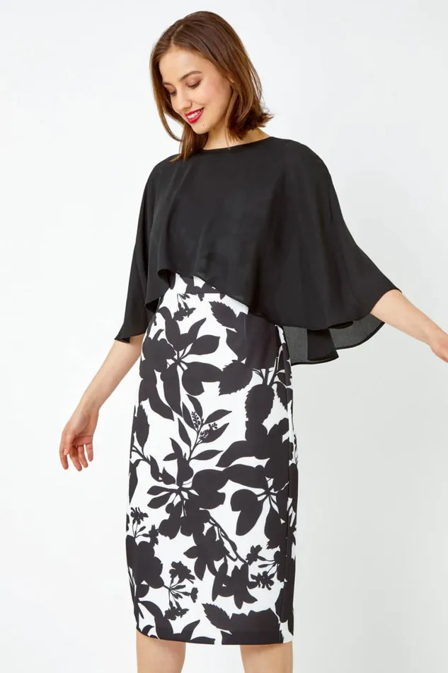 Women Ivory Floral Cape Detail Stretch Dress Roman Dresses