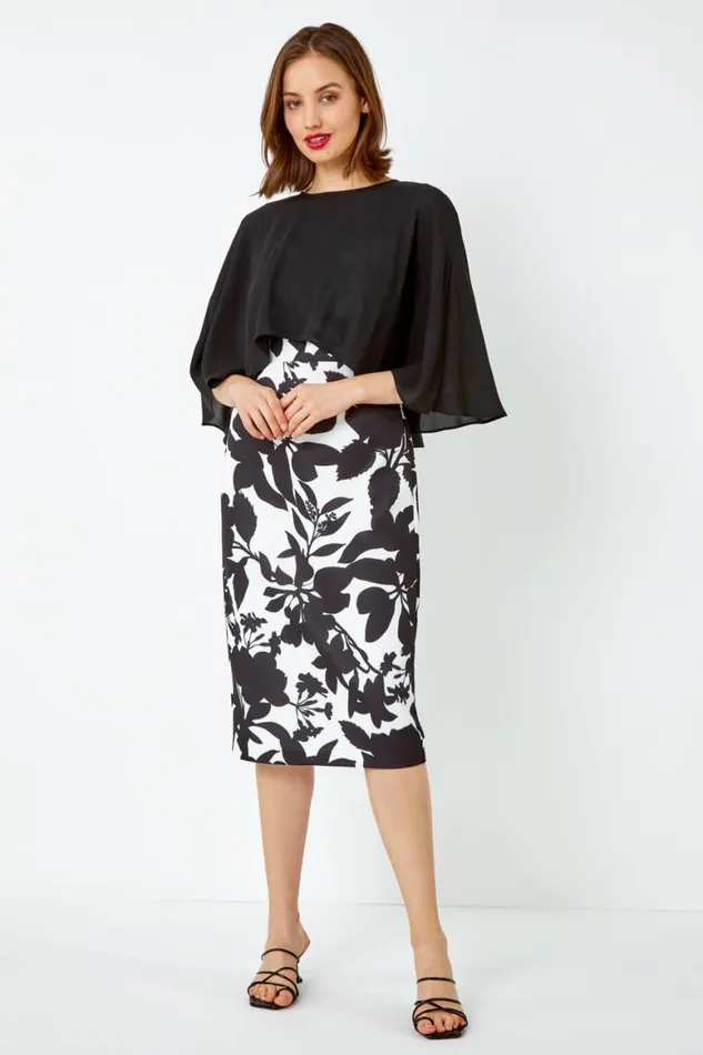 Women Ivory Floral Cape Detail Stretch Dress Roman Dresses