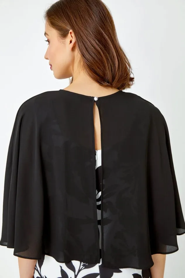 Women Ivory Floral Cape Detail Stretch Dress Roman Dresses