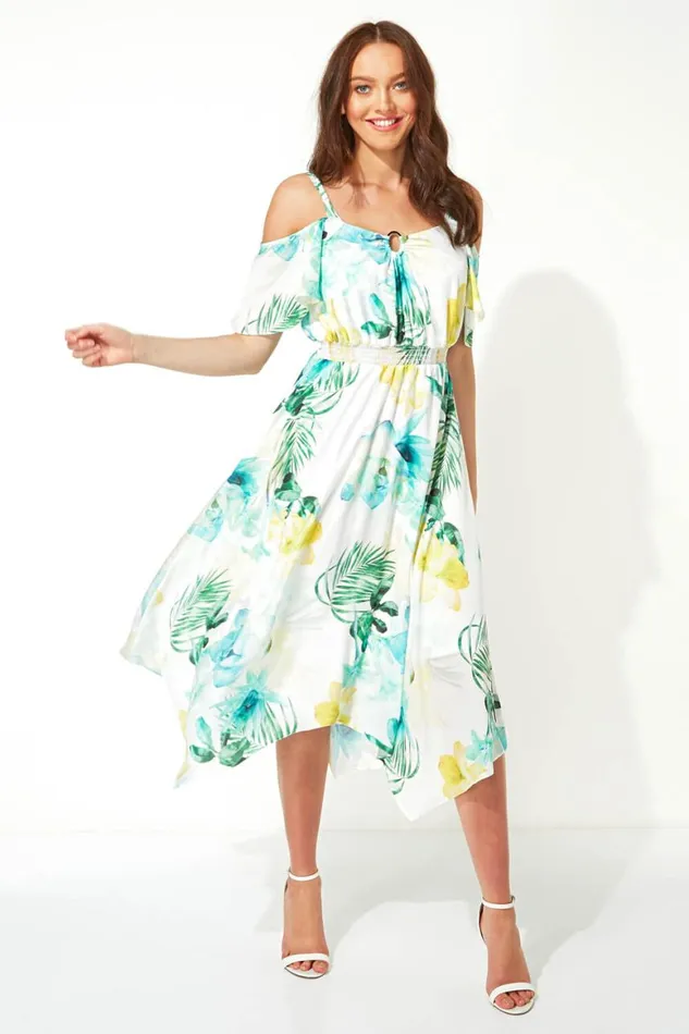 Women Ivory Floral Cold Shoulder Chiffon Midi Dress Roman Dresses