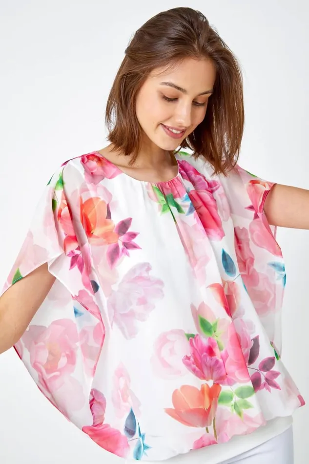 Women Ivory Floral Overlay Blouson Stretch Top Roman Tops