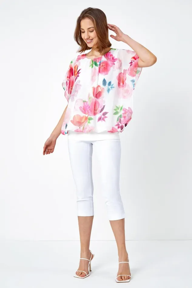 Women Ivory Floral Overlay Blouson Stretch Top Roman Tops