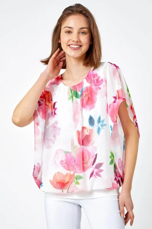 Women Ivory Floral Overlay Blouson Stretch Top Roman Tops