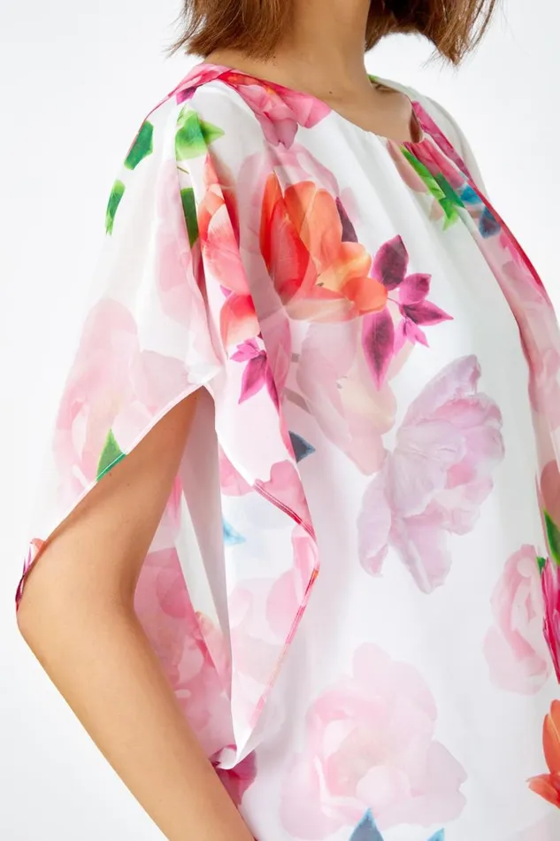 Women Ivory Floral Overlay Blouson Stretch Top Roman Tops