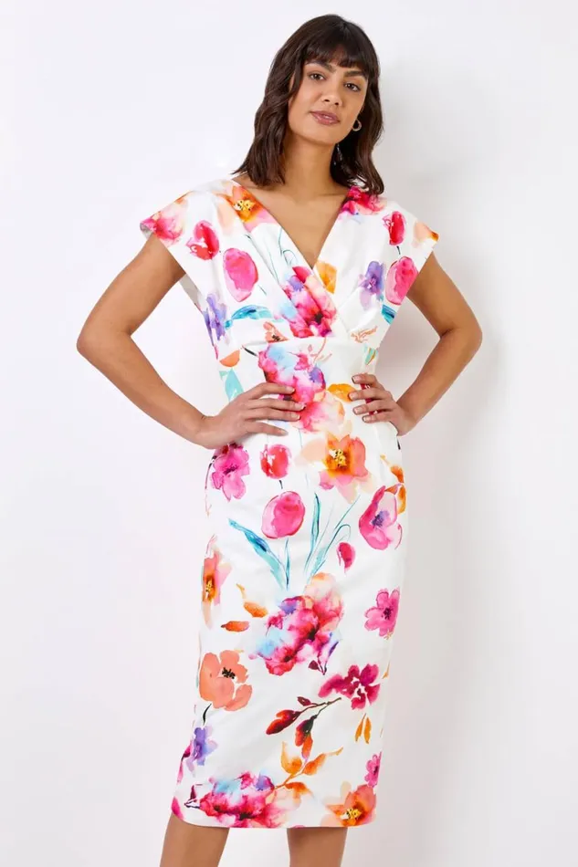 Women Ivory Floral Print Cross Front Midi Dress Roman Dresses