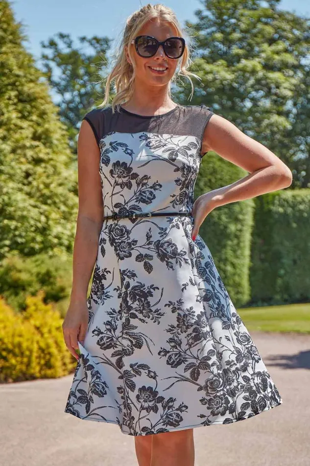 Women Ivory Floral Print Fit And Flare Dress Roman Dresses