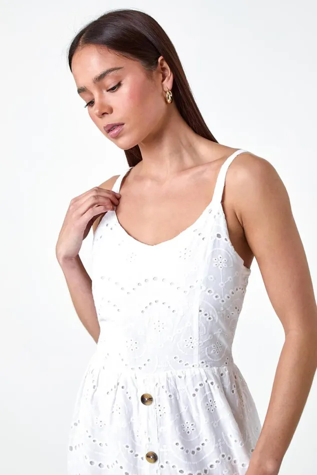 Women Ivory Petite Cotton Broderie Button Dress Roman Dresses