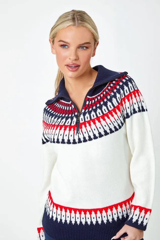 Women Ivory Petite Fairisle Zip Detail Jumper Roman Knitwear
