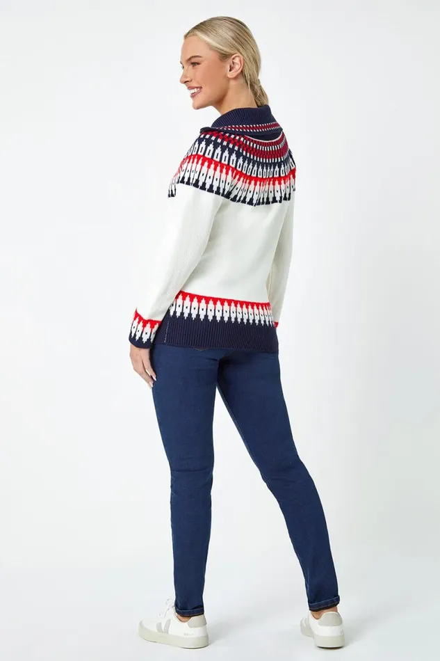 Women Ivory Petite Fairisle Zip Detail Jumper Roman Knitwear
