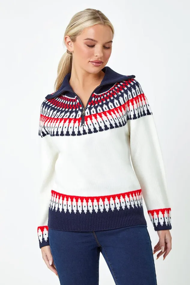 Women Ivory Petite Fairisle Zip Detail Jumper Roman Knitwear