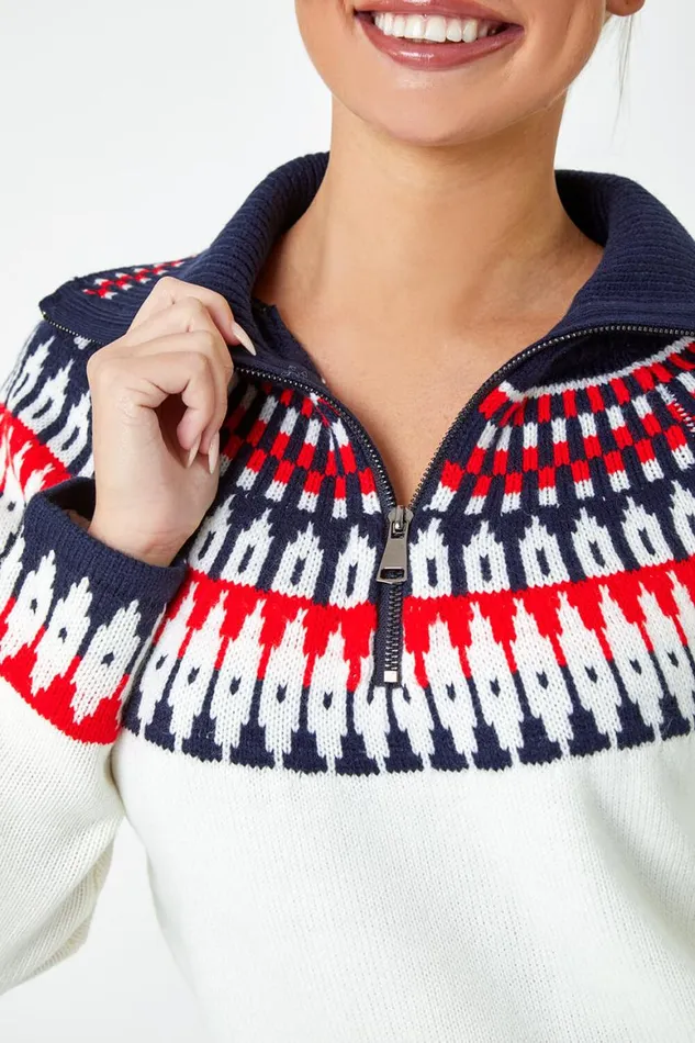 Women Ivory Petite Fairisle Zip Detail Jumper Roman Knitwear