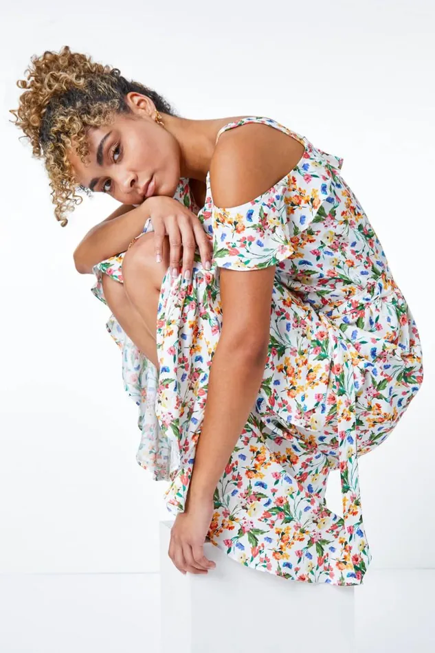 Women Ivory Petite Floral Print Cold Shoulder Midi Dress Roman Dresses