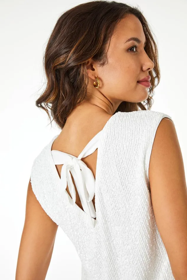 Women Ivory Sequin Tie Back Detail Top Roman Tops
