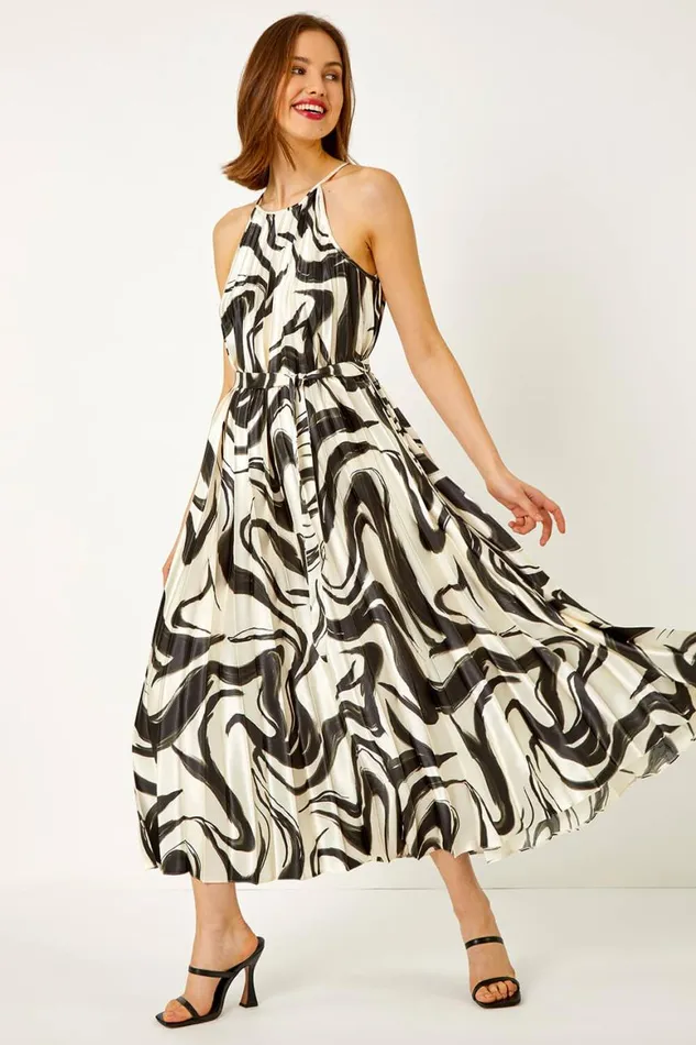 Women Ivory Sleeveless Swirl Print Pleated Chiffon Dress Roman Dresses