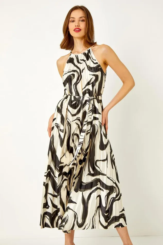 Women Ivory Sleeveless Swirl Print Pleated Chiffon Dress Roman Dresses