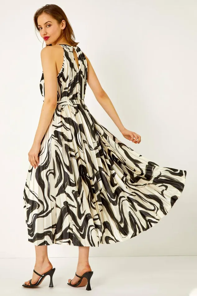 Women Ivory Sleeveless Swirl Print Pleated Chiffon Dress Roman Dresses