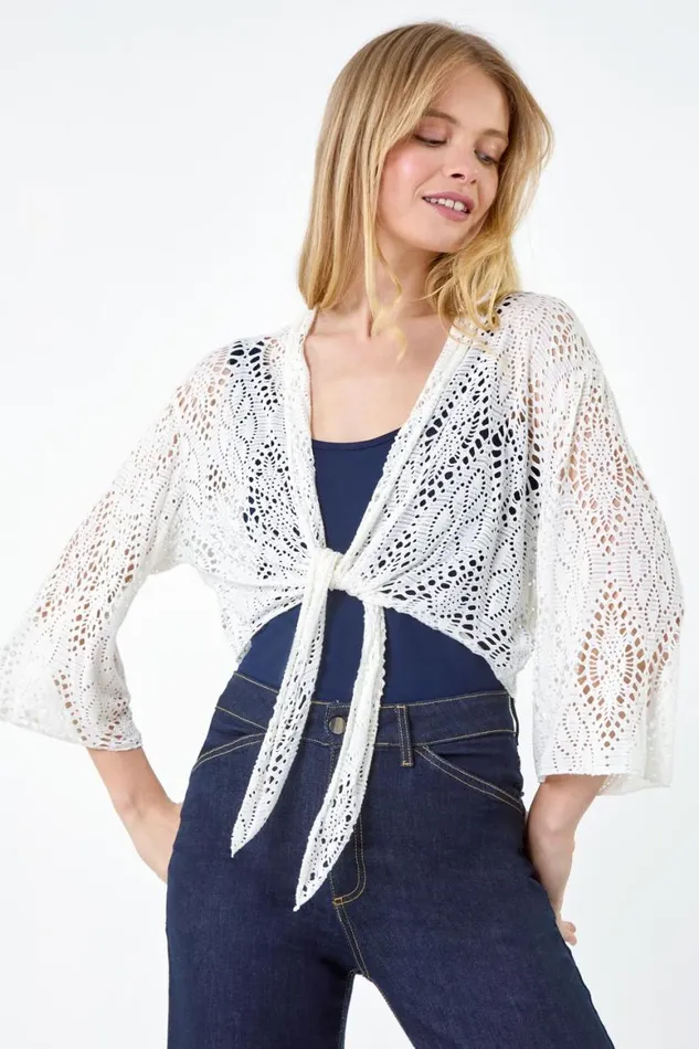 Women Ivory Tie Front Stretch Crochet Cardigan Roman Knitwear