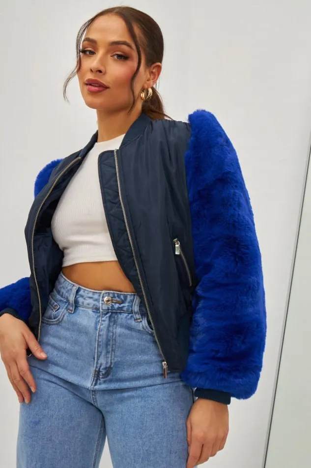 Women Jacket With Blue Fur Sleeves Brentiny Paris Jackets