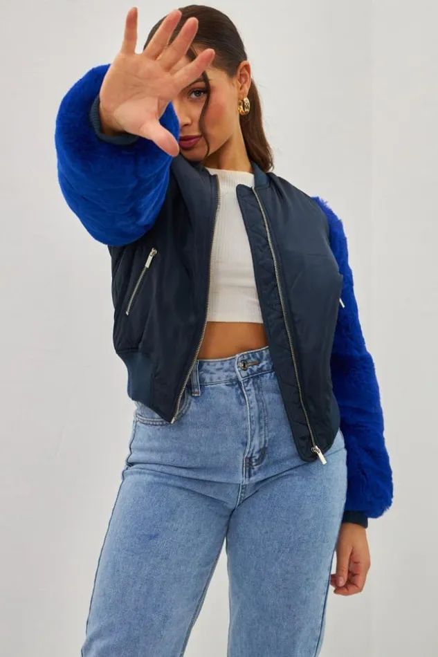 Women Jacket With Blue Fur Sleeves Brentiny Paris Jackets Women Jacket With Blue Fur Sleeves Brentiny Paris Jackets