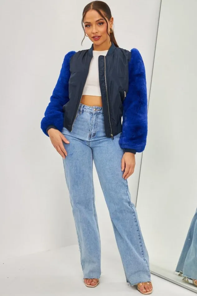 Women Jacket With Blue Fur Sleeves Brentiny Paris Jackets Women Jacket With Blue Fur Sleeves Brentiny Paris Jackets