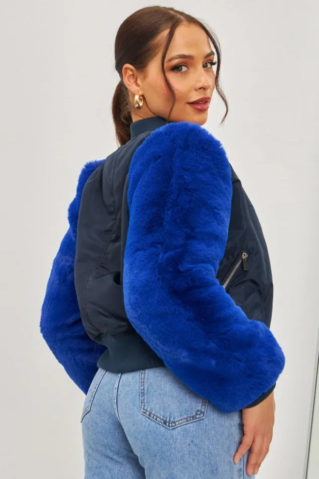 Women Jacket With Blue Fur Sleeves Brentiny Paris Jackets Women Jacket With Blue Fur Sleeves Brentiny Paris Jackets