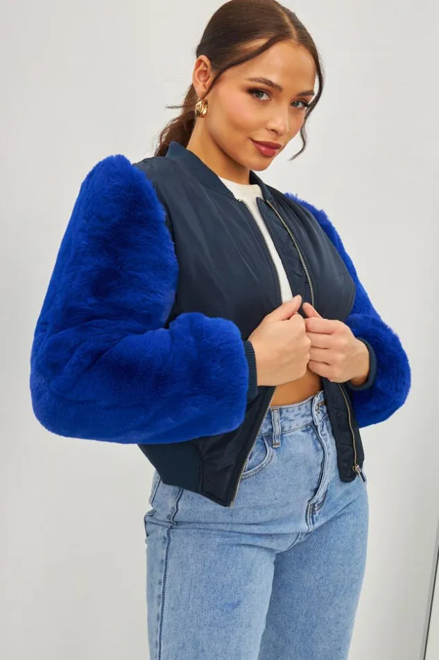 Women Jacket With Blue Fur Sleeves Brentiny Paris Jackets Women Jacket With Blue Fur Sleeves Brentiny Paris Jackets