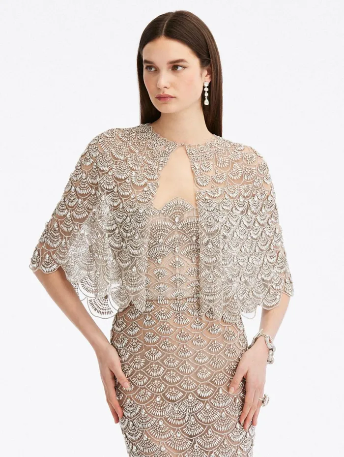 Women Jackets and Coats Oscar De La Renta Crystal Scallop Tulle Jacket Crystal