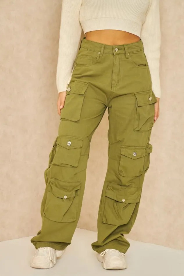 Women Jeans Large Multiples Poches Cargo Kaki Khaki Brentiny Paris Jeans