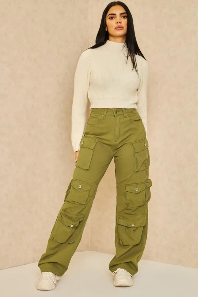Women Jeans Large Multiples Poches Cargo Kaki Khaki Brentiny Paris Jeans