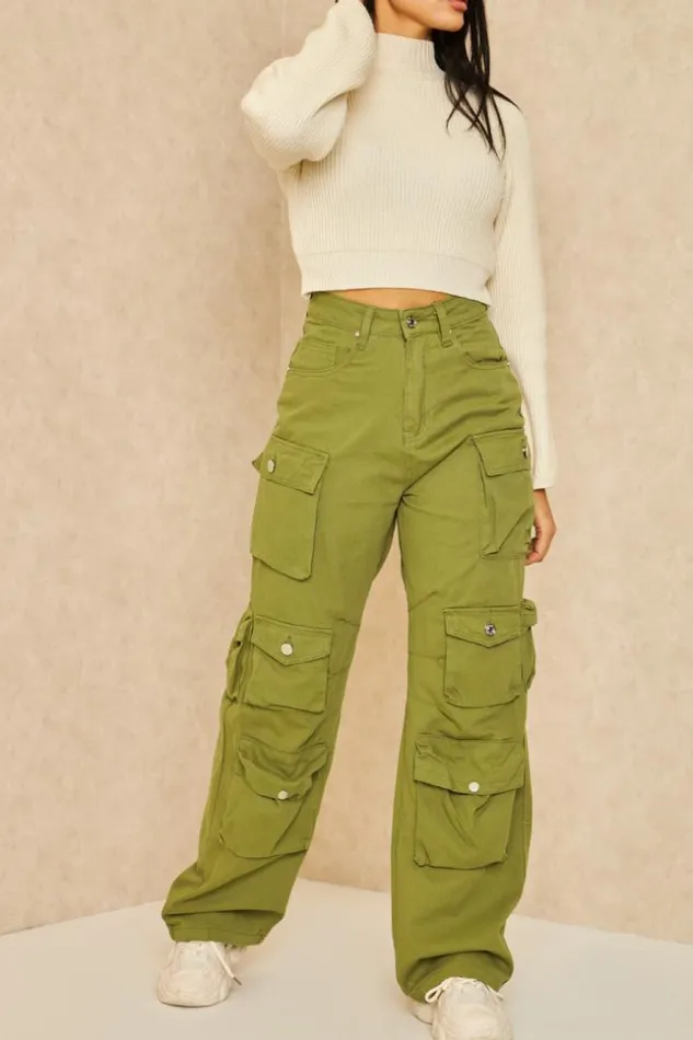 Women Jeans Large Multiples Poches Cargo Kaki Khaki Brentiny Paris Jeans
