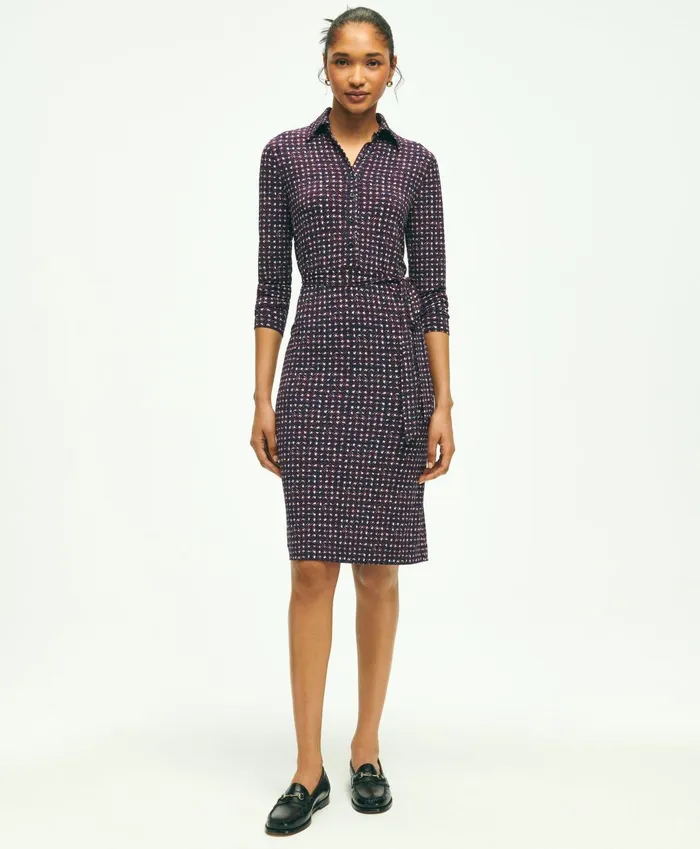 Women Jersey Belted Plaid Print Dress Navy Multi Brooks Brothers Dresses