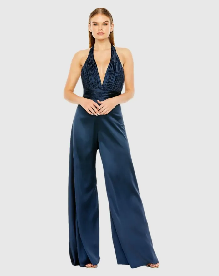 Women Jumpsuits and Rompers Mac Duggal Blue Ruched Halter Top Wide Leg Satin Jumpsuit Sapphire Women Jumpsuits and Rompers Mac Duggal Blue Ruched Halter Top Wide Leg Satin Jumpsuit Sapphire