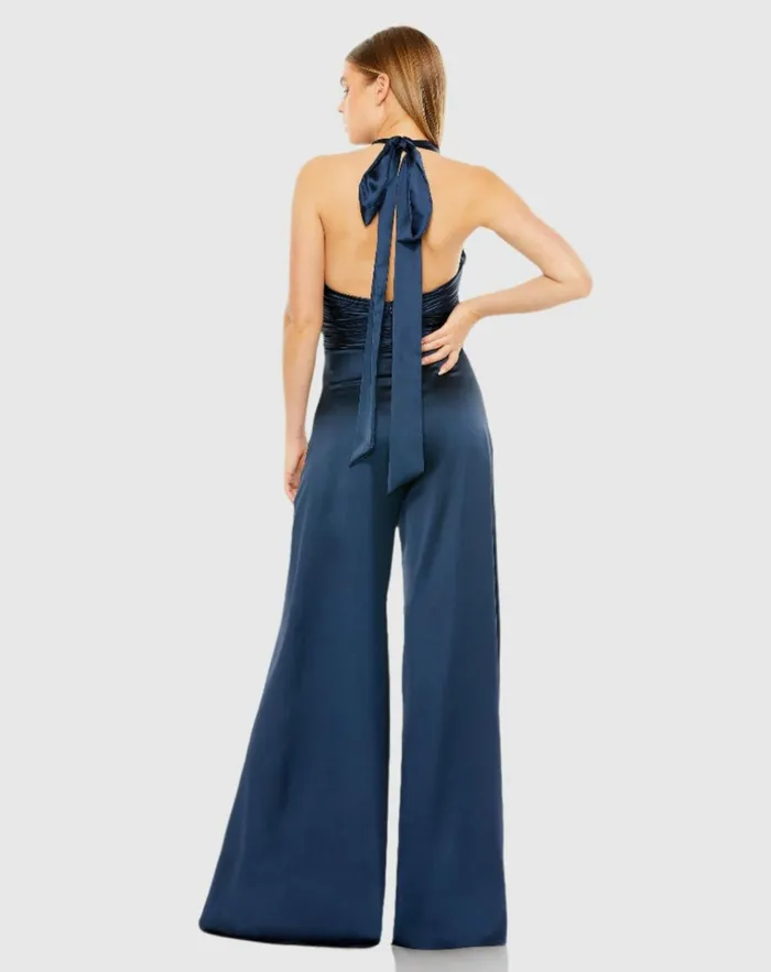 Women Jumpsuits and Rompers Mac Duggal Blue Ruched Halter Top Wide Leg Satin Jumpsuit Sapphire