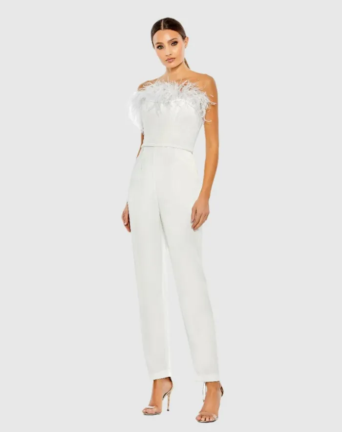 Women Jumpsuits and Rompers Mac Duggal White Strapless Jumpsuit With Feather Trim White Women Jumpsuits and Rompers Mac Duggal White Strapless Jumpsuit With Feather Trim White