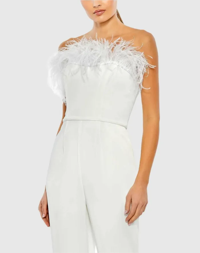 Women Jumpsuits and Rompers Mac Duggal White Strapless Jumpsuit With Feather Trim White Women Jumpsuits and Rompers Mac Duggal White Strapless Jumpsuit With Feather Trim White
