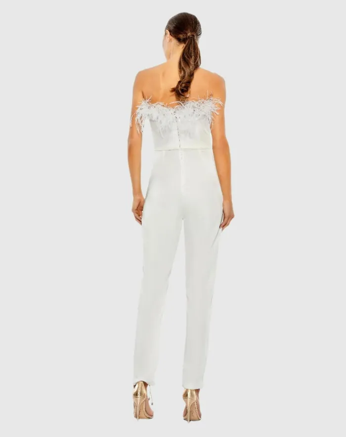 Women Jumpsuits and Rompers Mac Duggal White Strapless Jumpsuit With Feather Trim White Women Jumpsuits and Rompers Mac Duggal White Strapless Jumpsuit With Feather Trim White