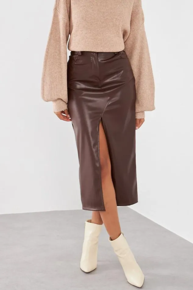 Women Jupe Marron En Simili Cuir Fendu Brown Brentiny Paris Skirts
