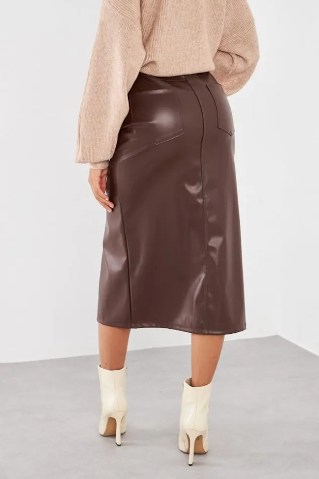 Women Jupe Marron En Simili Cuir Fendu Brown Brentiny Paris Skirts