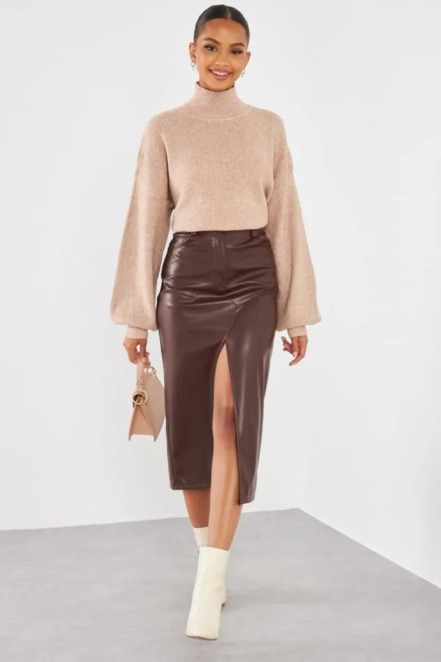 Women Jupe Marron En Simili Cuir Fendu Brown Brentiny Paris Skirts