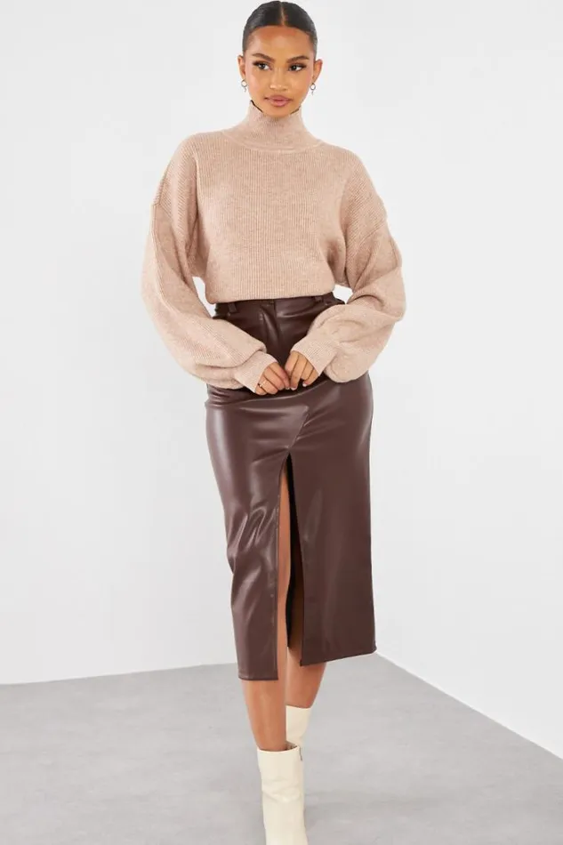 Women Jupe Marron En Simili Cuir Fendu Brown Brentiny Paris Skirts