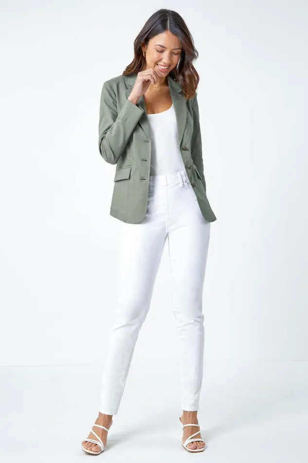 Women Khaki Button Detail Stretch Blazer Roman Coords