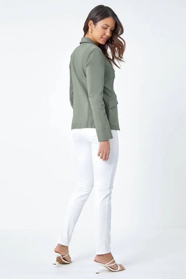 Women Khaki Button Detail Stretch Blazer Roman Coords