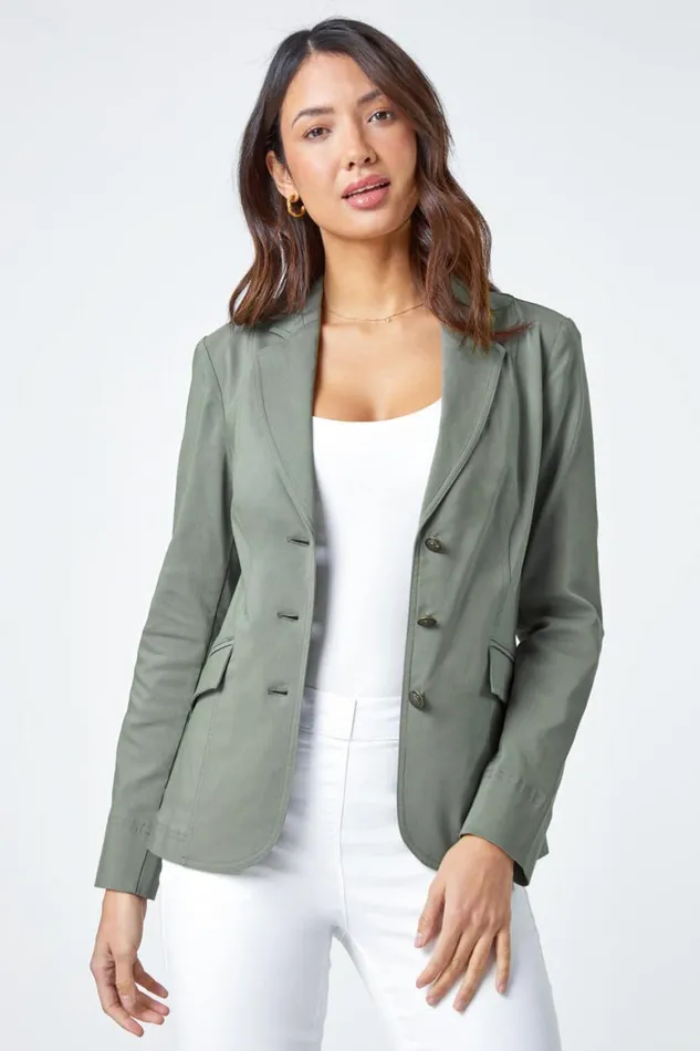 Women Khaki Button Detail Stretch Blazer Roman Coords