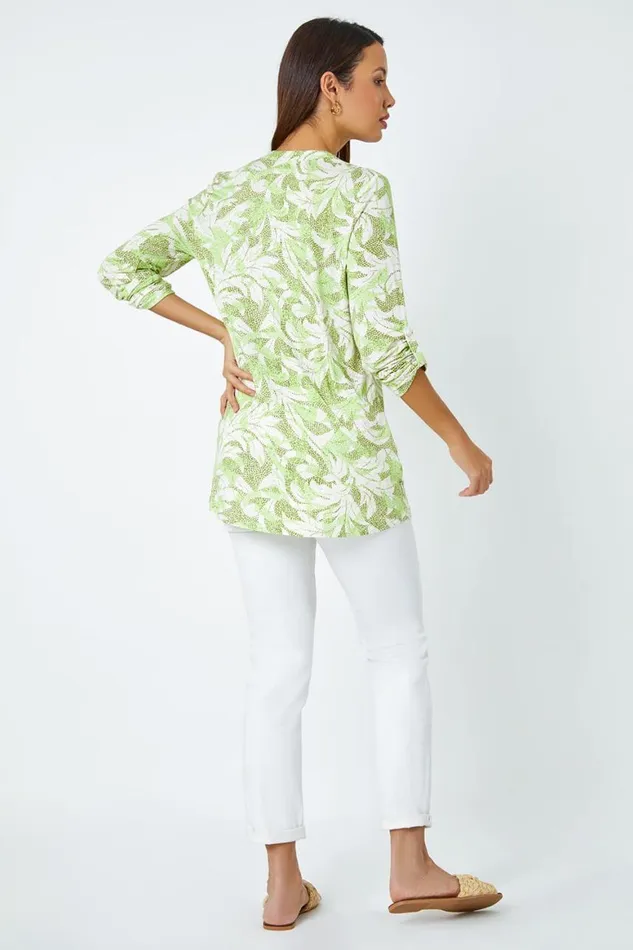 Women Khaki Camo Leaf VNeck Pintuck Stretch Top Roman Tops