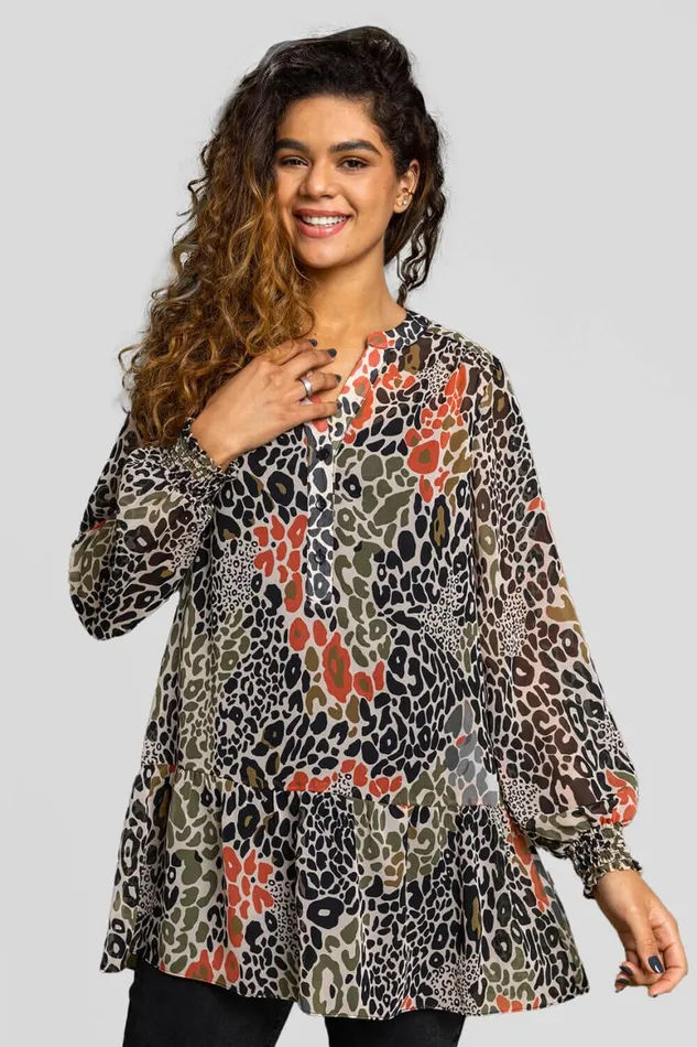Women Khaki Chiffon Animal Print Peplum Tunic Top Roman Tops