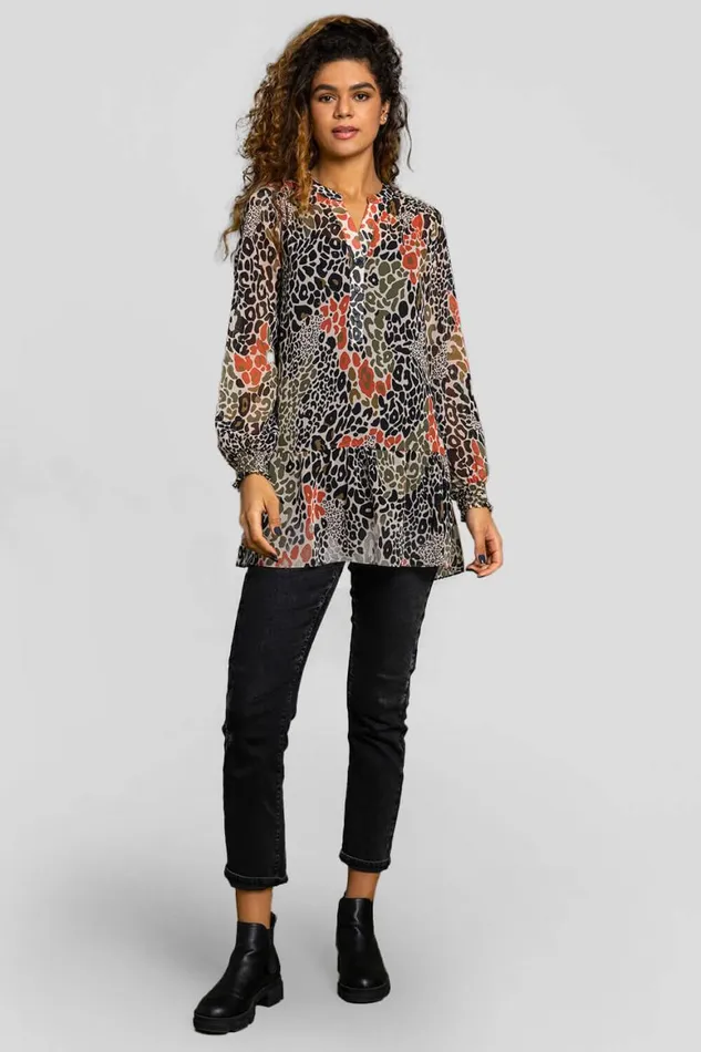 Women Khaki Chiffon Animal Print Peplum Tunic Top Roman Tops