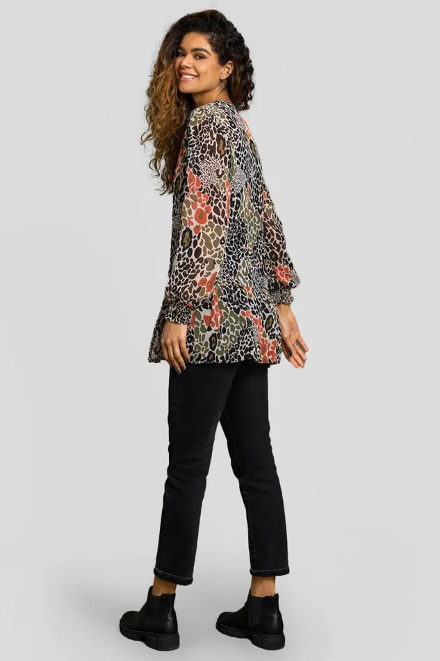 Women Khaki Chiffon Animal Print Peplum Tunic Top Roman Tops