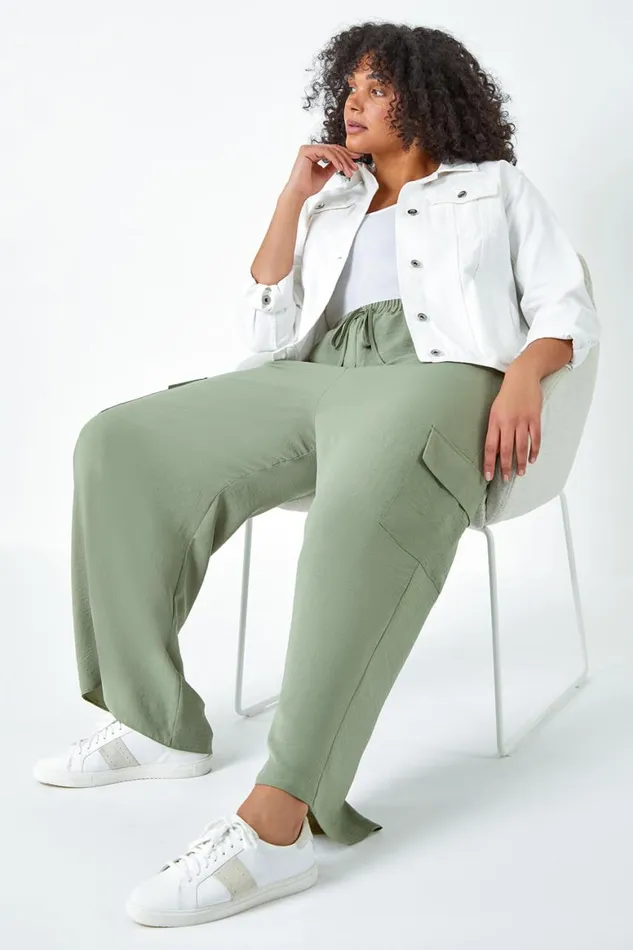 Women Khaki Curve Linen Look Wide Leg Trousers Roman Trousers